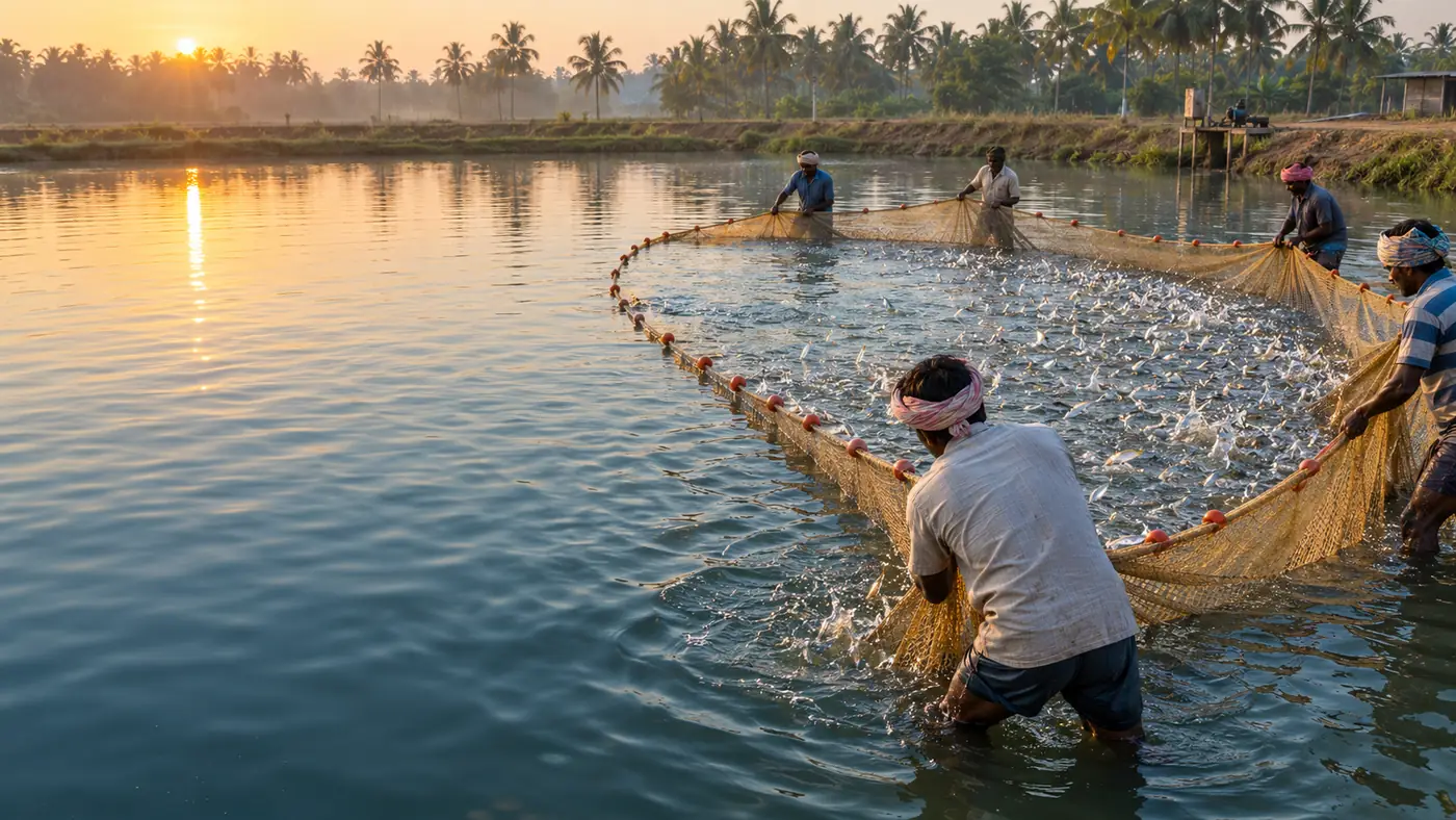 Fish farmers pulling a seine net full of fingerlings in an earthen pond at sunrise